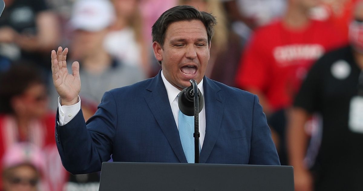 Florida Republican Gov. Ron DeSantis speaks before the arrival of then-President Donald Trump for his "The Great American Comeback Rally" on Sept. 24, 2020, in Jacksonville, Florida.