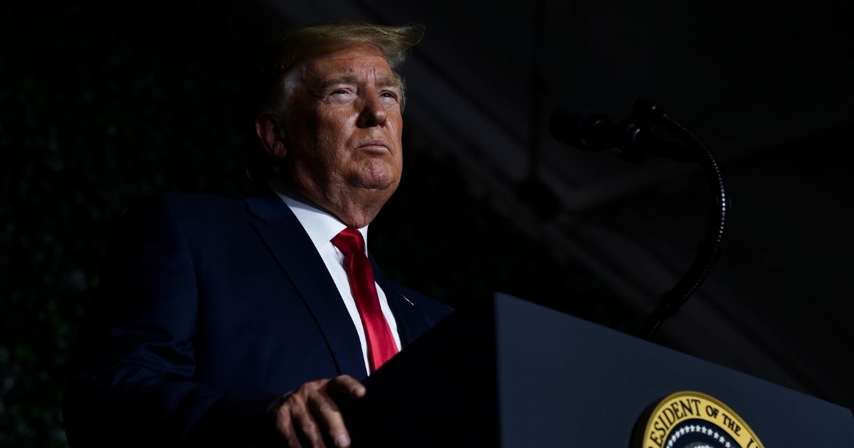 Then-President Donald Trump speaks during an event commemorating the 400th Anniversary of the First Representative Legislative Assembly in Jamestown, Virginia, on July 30, 2019.