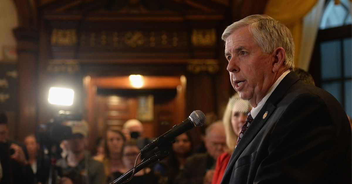 Missouri Gov. Mike Parson addresses the media on the last day of legislative session at the Missouri State Capitol Building on May 17, 2019, in Jefferson City, Missouri.