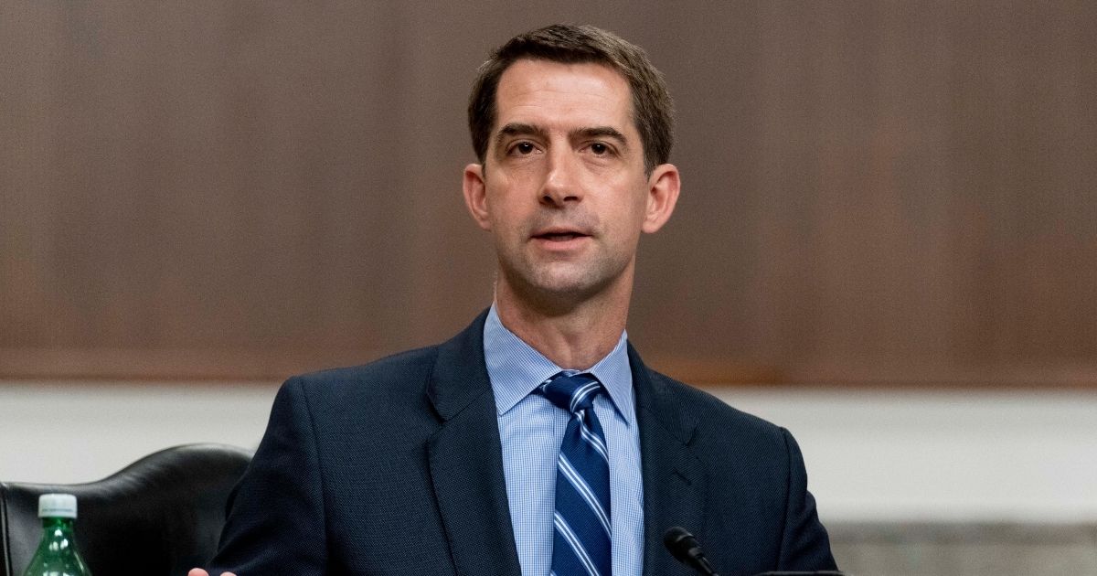 Arkansas Republican Sen. Tom Cotton speaks during a hearing to examine United States Special Operations Command and United States Cyber Command in review of the Defense Authorization Request for fiscal year 2022 and the Future Years Defense Program, on Capitol Hill on March 25 in Washington, D.C.