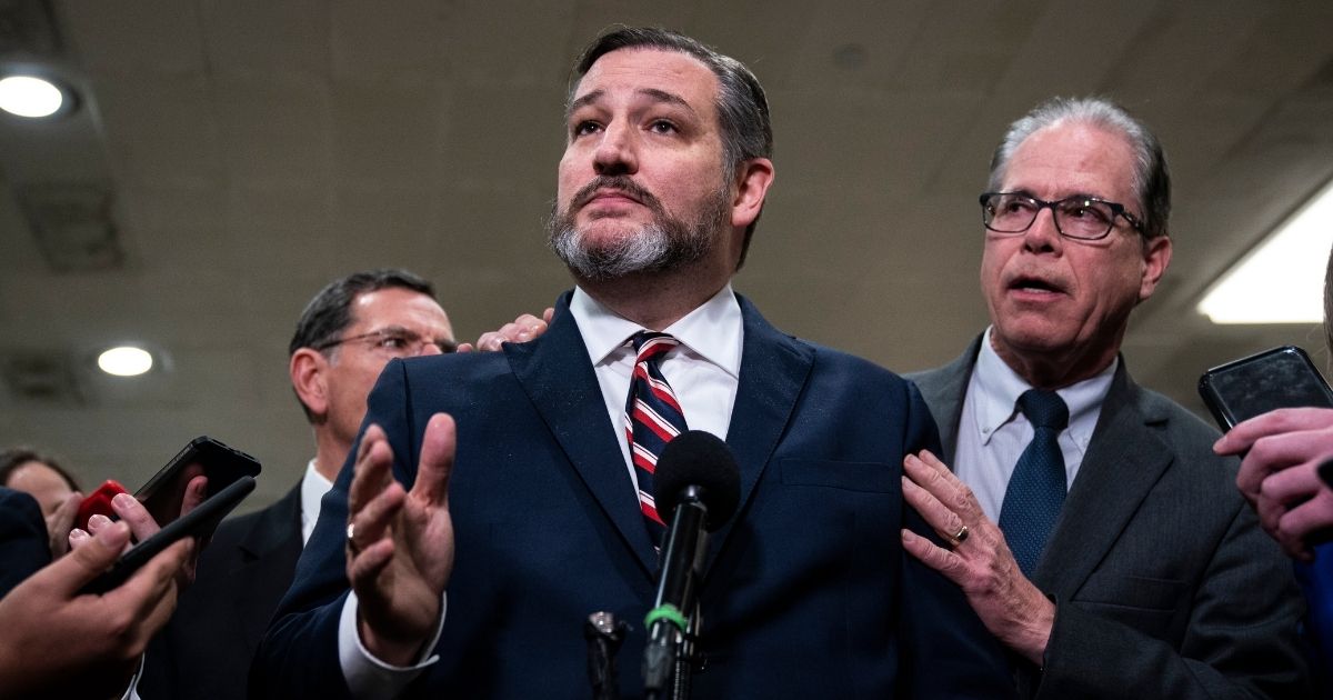 Republic Sens. Ted Cruz of Texas and Mike Braun of Indiana speak to the media during a dinner break in the Senate impeachment trial at the U.S. Capitol Jan. 27, 2020, in Washington, D.C.