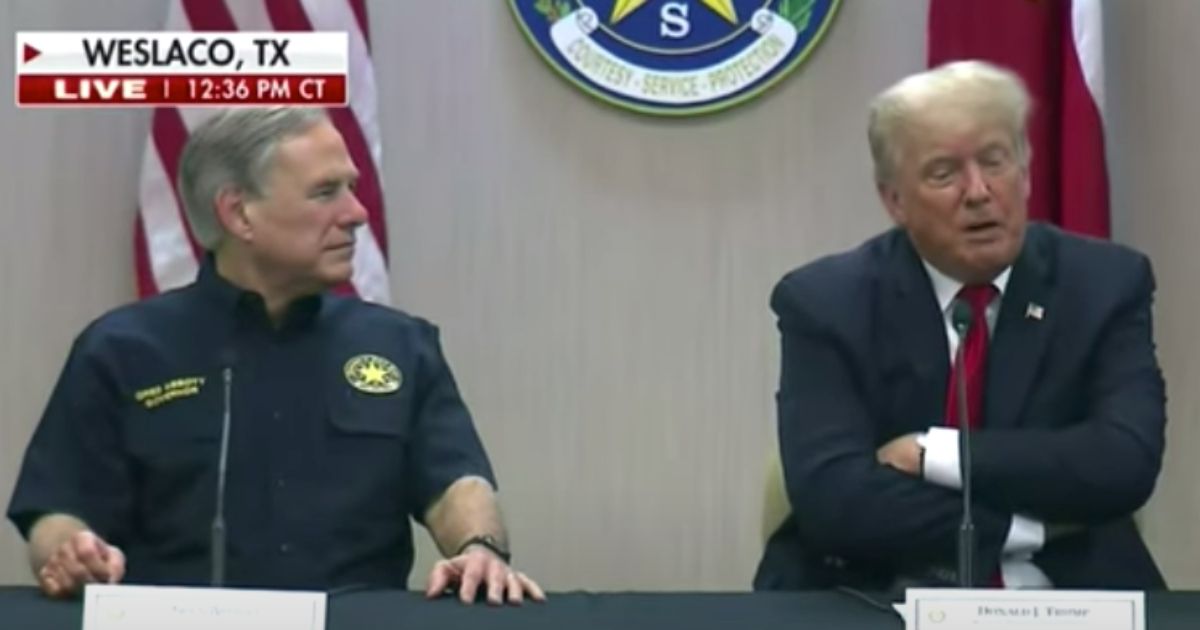 Texas Republican Gov. Greg Abbott (L) and former President Donald Trump (R) at a border security session near the U.S.-Mexican border on June 30.