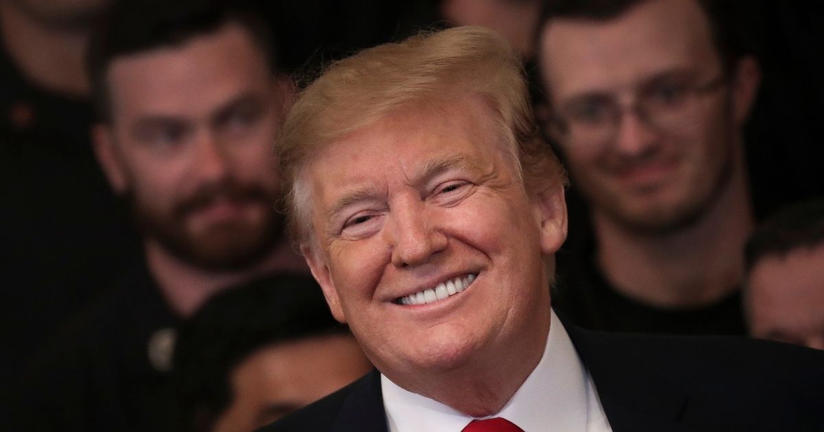 Then-President Donald Trump smiles during an event recognizing the Wounded Warrior Project Soldier Ride in the East Room of the White House, April 18, 2019, in Washington, D.C.