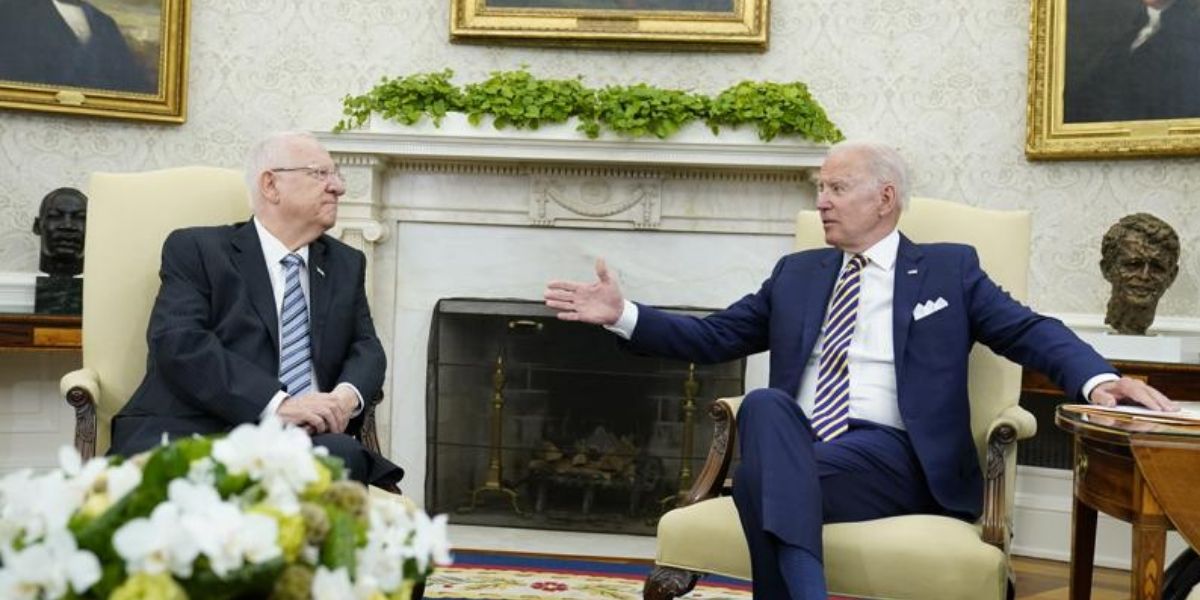 President Joe Biden meets with Israeli President Reuven Rivlin in the Oval Office of the White House in Washington D.C. on Monday.