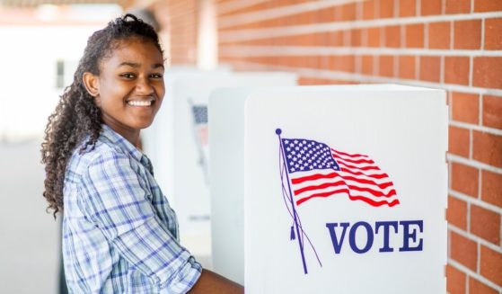The above stock image shows a woman voting.
