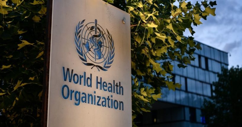 A photo taken on Aug. 17, 2020, shows a sign of the World Health Organization at its headquarters in Geneva amid the COVID-19 pandemic.