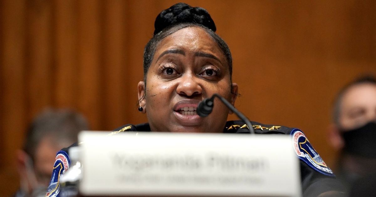 Acting Capitol Police Chief Yogananda Pittman gives an opening statement during a Senate Appropriations Subcommittee hearing on April 21, 2021 in Washington, D.C.