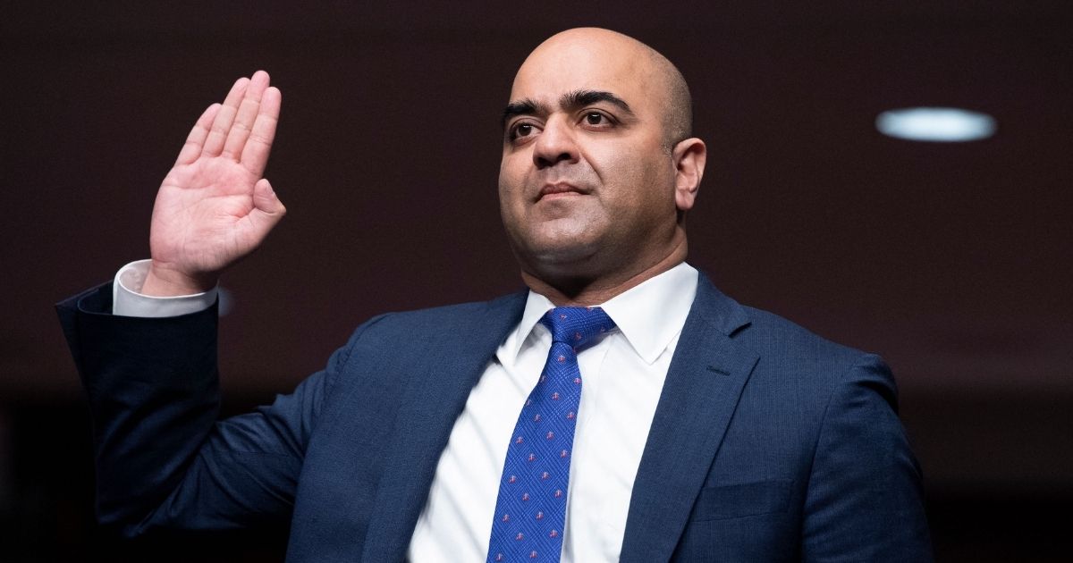 Zahid Quraishi, nominated by President Joe Biden to be a U.S. district judge, is sworn in to testify before a Senate Judiciary Committee hearing on Capitol Hill in Washington on April 28.
