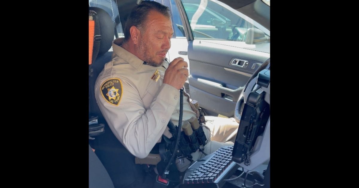 Officer Albert Beas during his final sign-off after 25 years with the Las Vegas Metro Police Department.