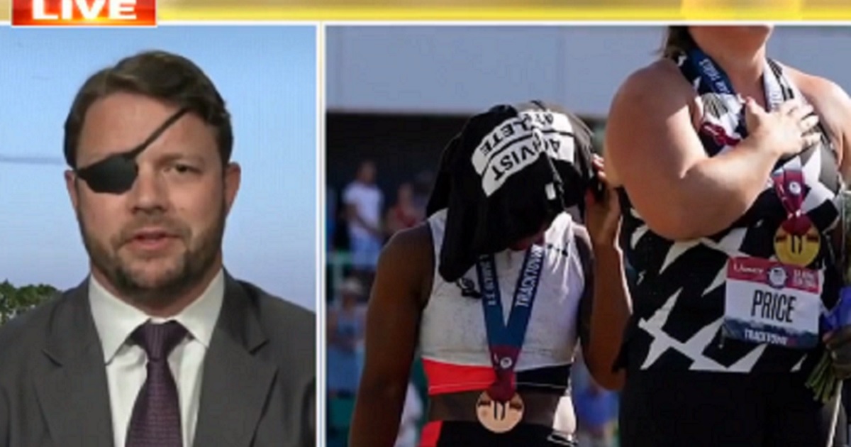 Texas Republican Rep. Dan Crenshaw discuses the case of Olympic anthem protester Gwen Berry Monday on "Fox & Friends." An image of Berry covering her head during the national anthem is to Crenshaw's right.