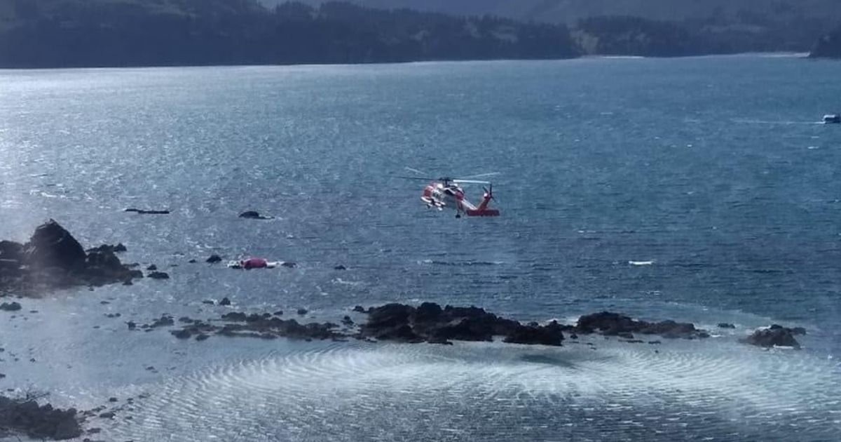 The U.S. Coast Guard rescuing three people and two dogs whose raft got blown against a rocky outcropping in Kodiak, Alaska, on June 5.