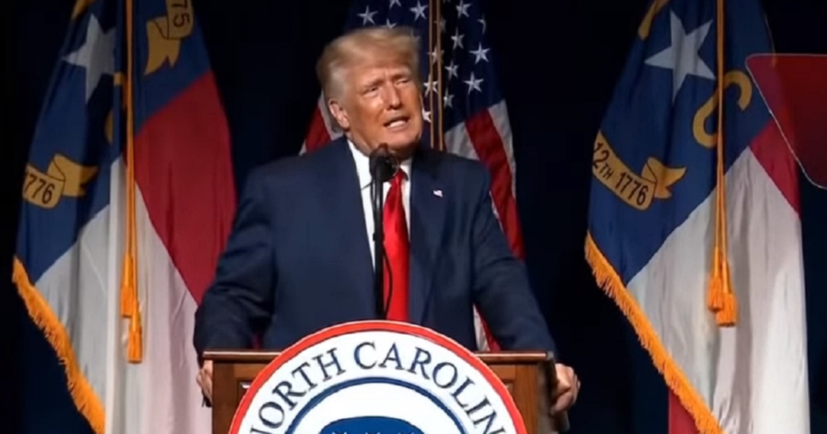 Former President Donald Trump addresses the crowd at the North Carorlina Republican state convention Saturday.