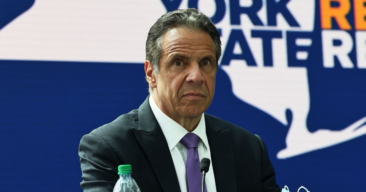 New York Gov. Andrew Cuomo takes questions from reporters during a news conference at the Javits Center in Manhattan on May 11, 2021, in New York City.