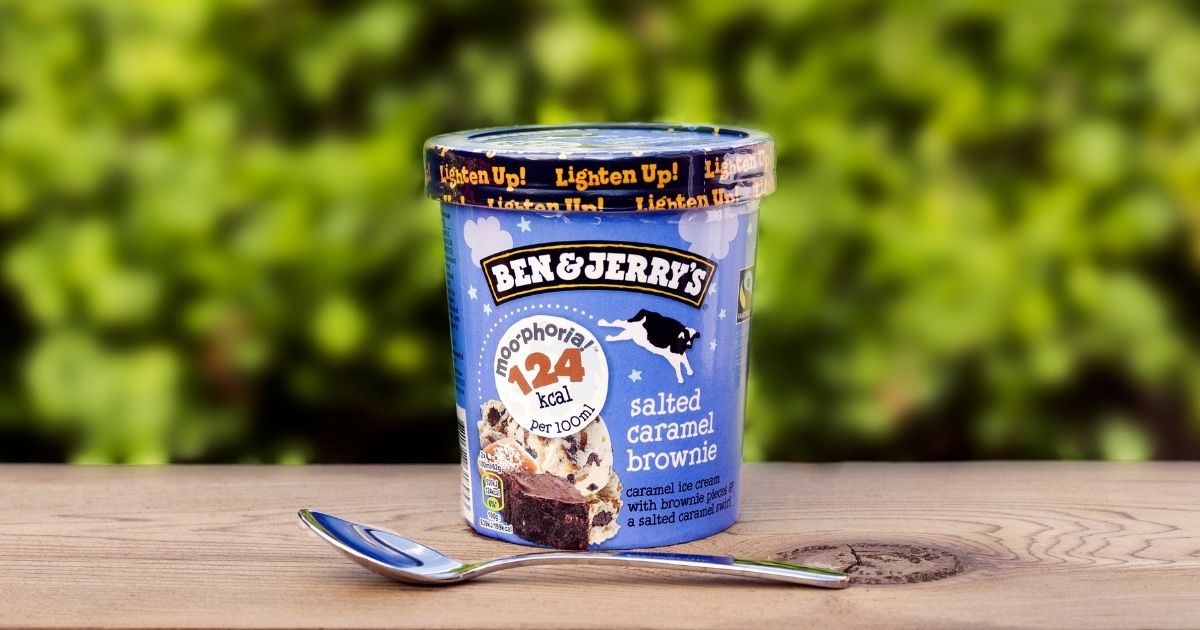 Ben & Jerry's salted caramel brownie ice cream is seen on a table in the stock image above.