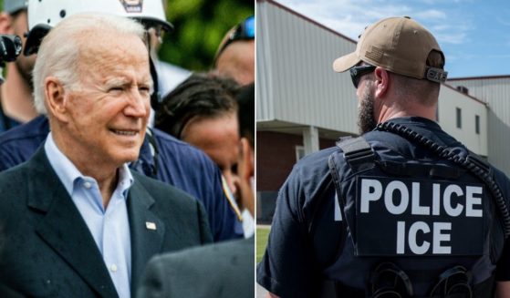 Left, President Joe Biden meets rescue workers in Surfside, Florida, on Thursday. Right, a U.S. Immigration and Customs Enforcement special agent prepares to arrest alleged immigration violators on June 19, 2018.