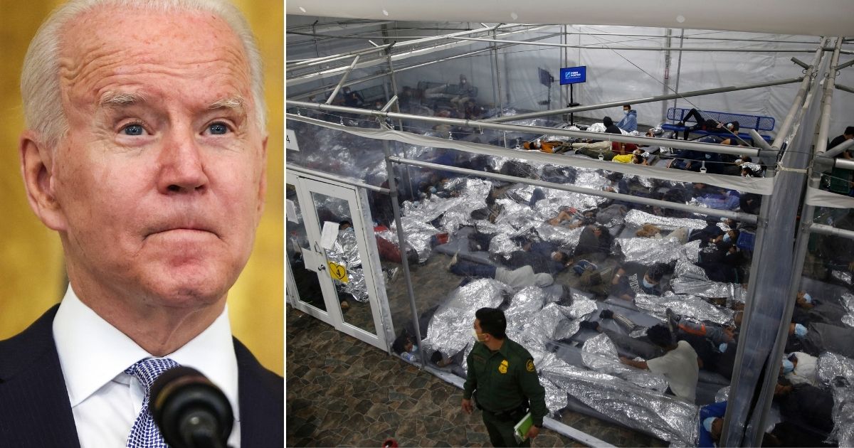 At left, President Joe Biden speaks about COVID-19 in the East Room of the White House in Washington on Thursday. At right, young children lie inside a pod at the Department of Homeland Security holding facility in Donna, Texas, on March 30.