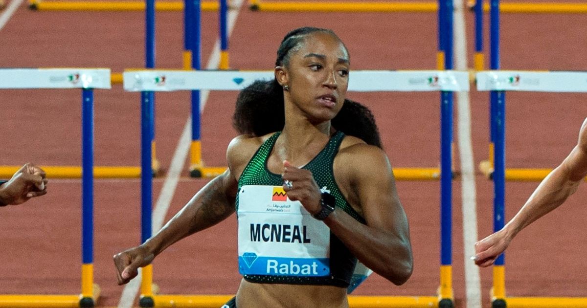 Brianna McNeal reacts after winning the 100 m hurdles women's event at the Morocco Diamond League athletics competition in the Stadium Prince Moulay Abdellah of Rabat on July 13, 2018.
