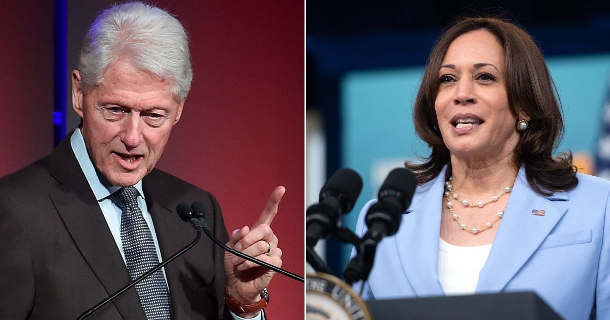 At left, former President Bill Clinton speaks at the Intrepid Sea-Air-Space Museum in New York City on Sept. 26, 2019. At right, Vice President Kamala Harris speaks in the Eisenhower Executive Office Building in Washington on Wednesday.