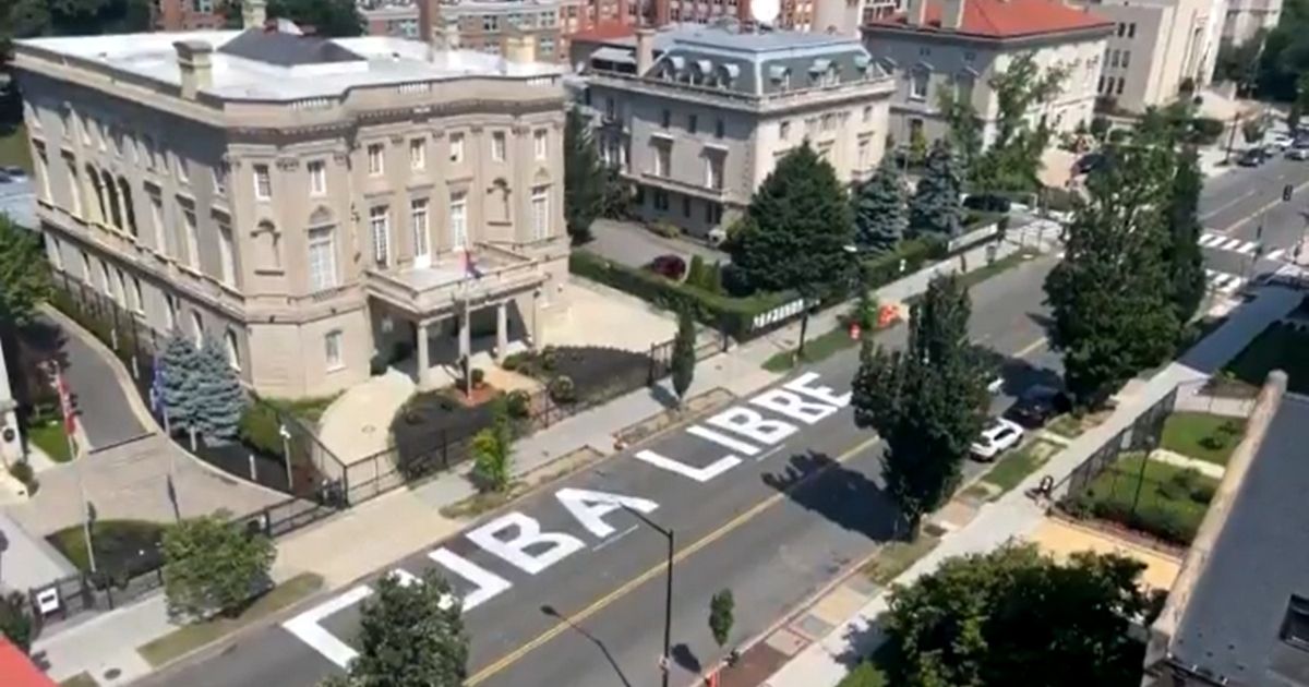 The words "Cuba Libre" are seen in the street in front of the Cuban embassy in Washington.