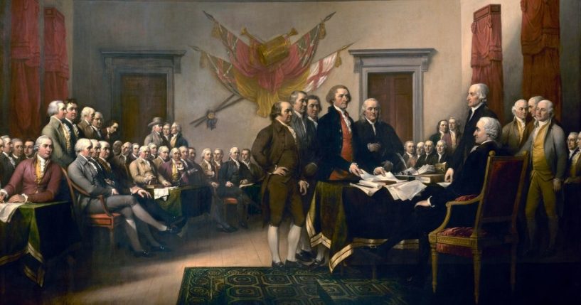The signing of the Declaration of Independence is shown in Philadelphia on July 4, 1776, in this 1819 painting by John Trumbull.