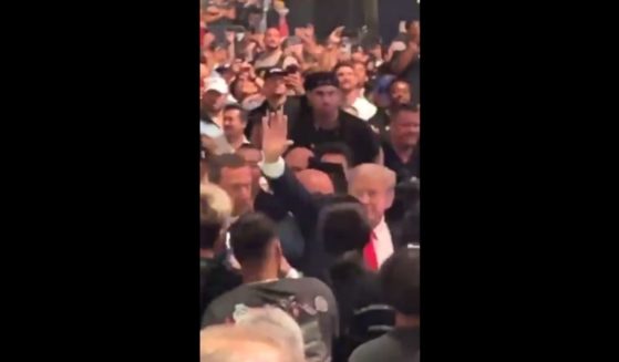 Former President Donald Trump arrives at the UFC fight on Saturday.