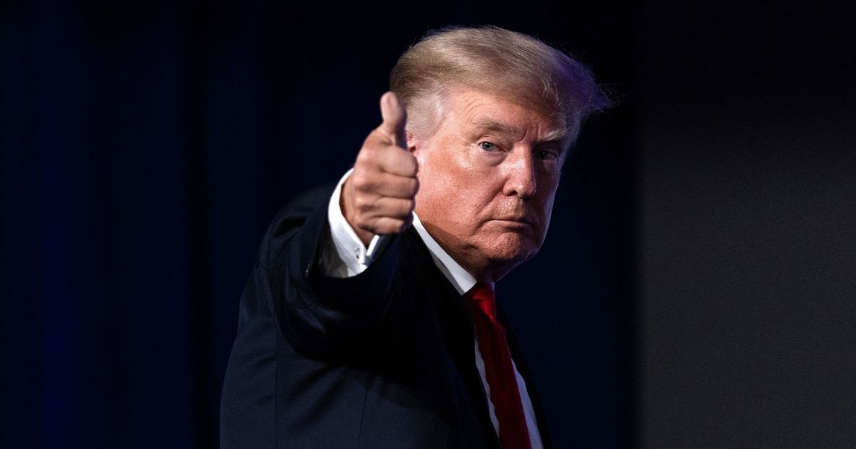 Former President Donald Trump gives a thumbs-up as he walks off after speaking at the Conservative Political Action Conference in Dallas on July 11, 2021.