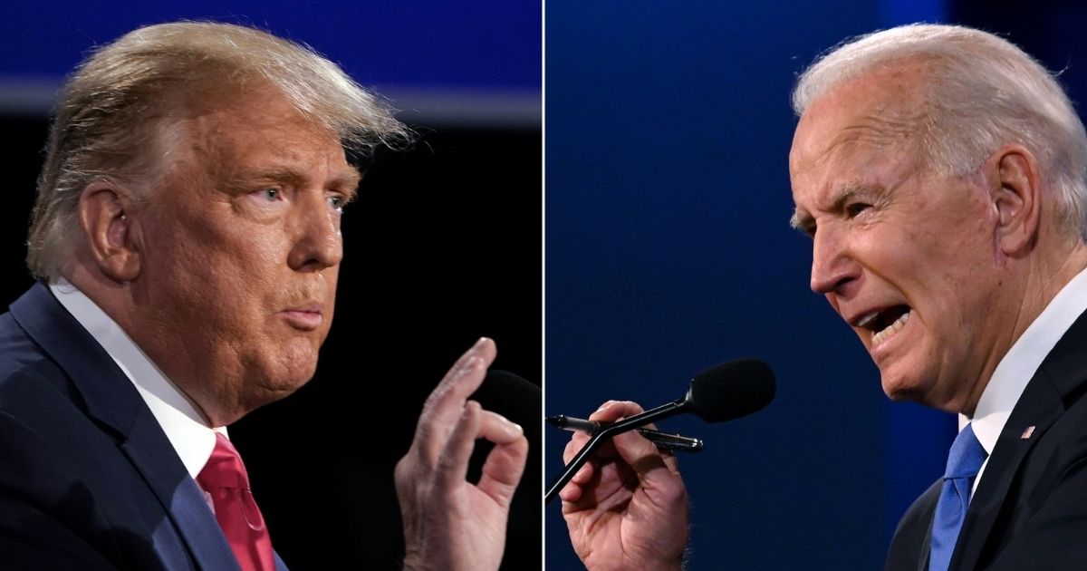 This combination of pictures created on Oct. 22, 2020, shows U.S. President Donald Trump and Democratic Presidential candidate and former US Vice President Joe Biden during the final presidential debate at Belmont University in Nashville on Oct. 22, 2020