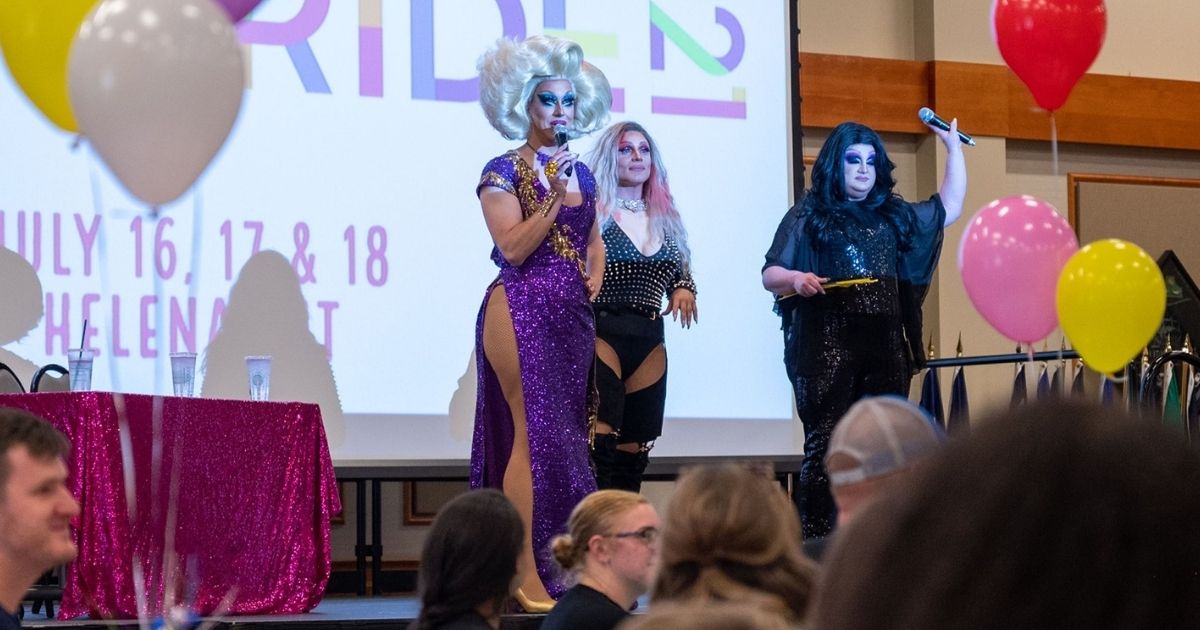 Pictures from the event include a shot of a child holding a 'Love Knows No Gender' sign and the featured drag performers at the event.