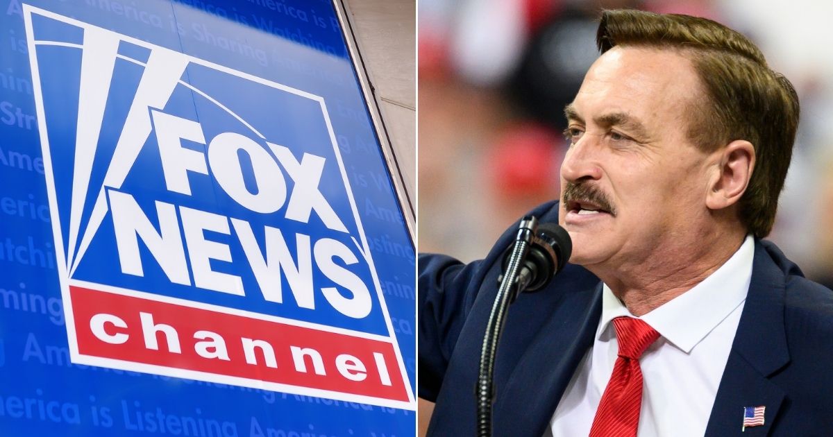 Fox News logo, left, and Mike Lindell, right.