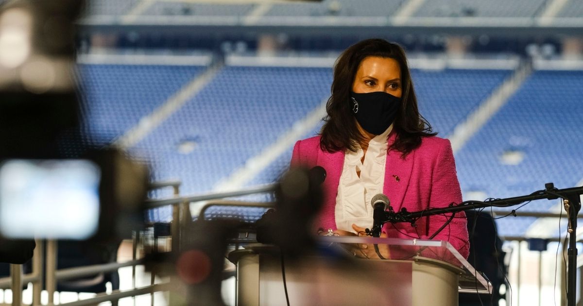 Michigan Gov. Gretchen Whitmer speaks to the media at Ford Field on April 6, 2021, in Detroit.