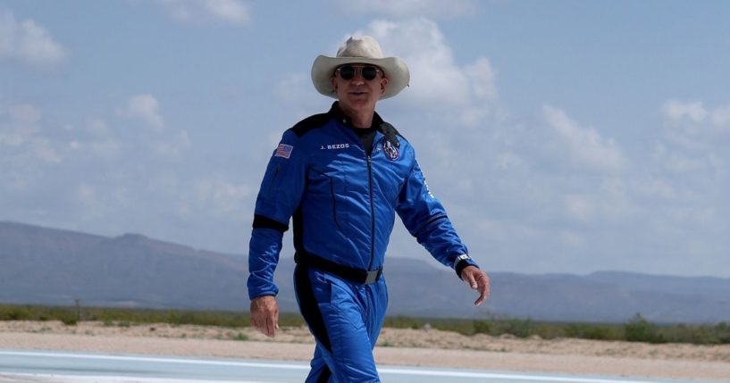 Jeff Bezos walks near Blue Origin’s New Shepard after flying into space on Tuesday in Van Horn, Texas.