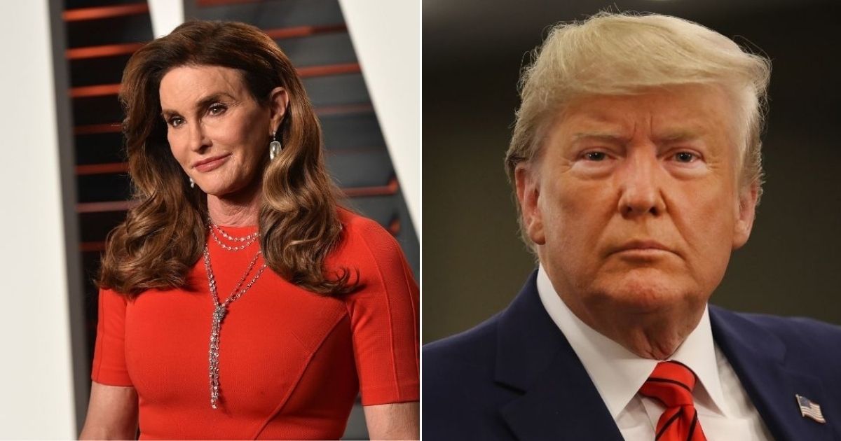 At left, Caitlyn Jenner arrives at the Vanity Fair Oscar Party on Feb. 28, 2016, in Beverly Hills, California. At right, then-President Donald Trump speaks to the media at the United Nations General Assembly in New York on Sept. 24, 2019.