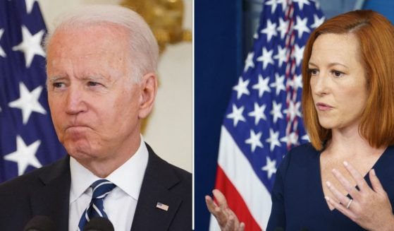 President Joe Biden speaks in the East Room of the White House and White House press secretary Jen Psaki speaks during a briefing at the White House in Washington, D.C., on Friday.
