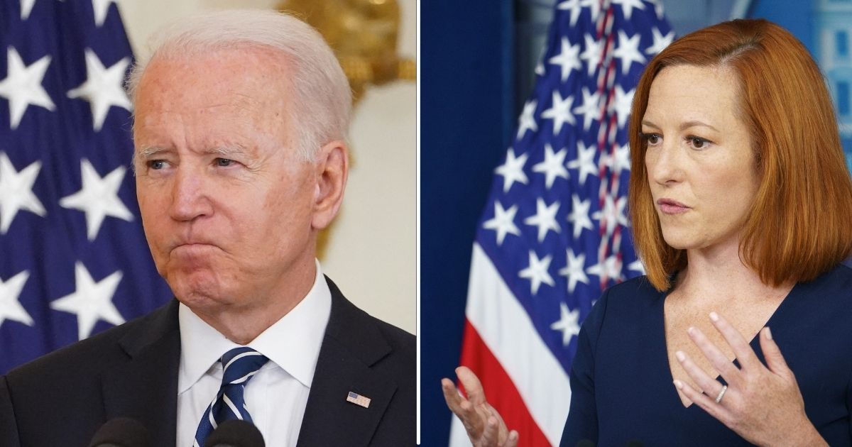 President Joe Biden speaks in the East Room of the White House and White House press secretary Jen Psaki speaks during a briefing at the White House in Washington, D.C., on Friday.