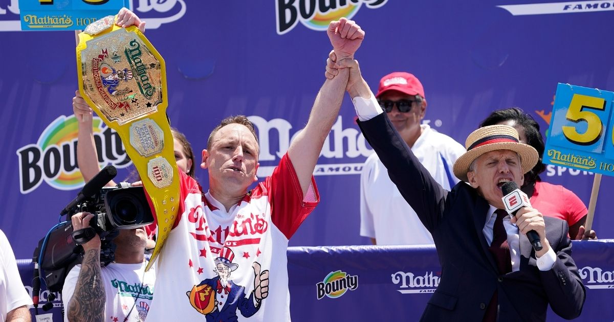 Defending Champion Joey Chestnut wins having consumed 76 hot dogs during the 2021 Nathans Famous Fourth of July International Hot Dog Eating Contest at Coney Island on Sunday in New York City.