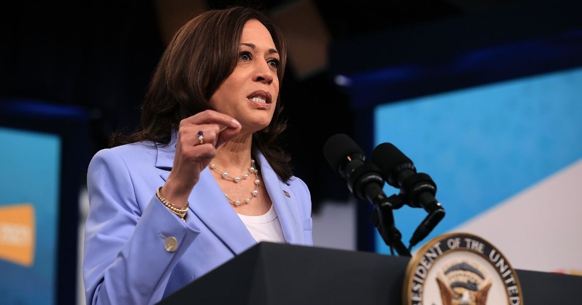 Vice President Kamala Harris delivers remarks via video link to the Generation Equality Forum in the South Court Auditorium of the Eisenhower Executive Office Building on Wednesday in Washington, D.C.