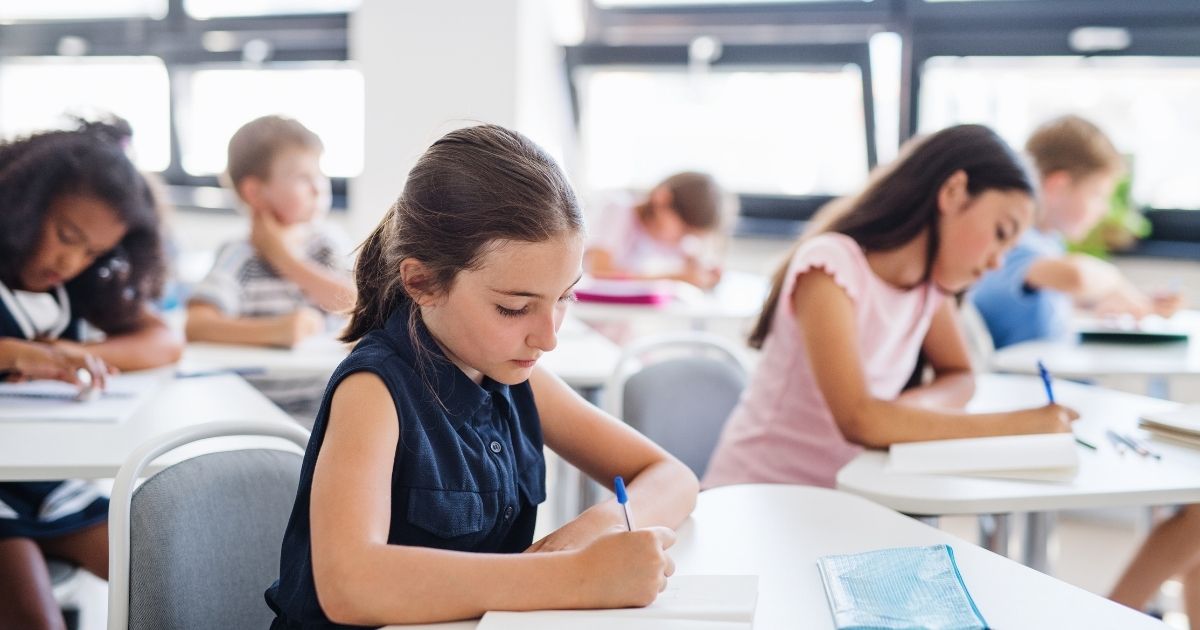 Schoolchildren sit at their desks in class and write.