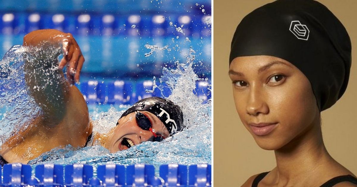 At left, Katie Ledecky competes in the women’s 800m freestyle final during the U.S. Olympic swimming trials at CHI Health Center in Omaha, Nebraska, on June 19. At right is the Soul Cap, which is designed to accommodate thick dreadlocks, weaves and braids.