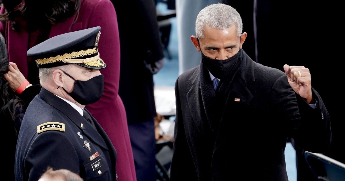 Former president Barack Obama, right, is seen next to Joint Chiefs of Staff Chairman Mark Milley prior during the 59th Presidential Inauguration on Jan. 20, 2021, in Washington, D.C.