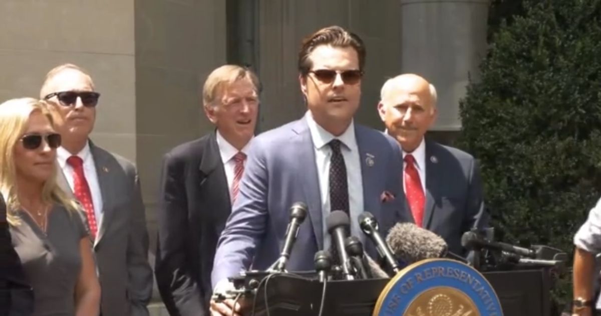 Republican Rep. Matt Gaetz of Florida speaks in front of the Department of Justice headquarters in Washington, D.C., on Tuesday.