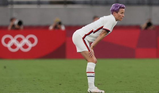 Megan Rapinoe reacts during a match between Sweden and the United States during the Tokyo Olympic Games at Tokyo Stadium on Wednesday in Tokyo.