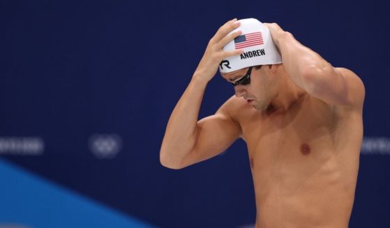 Michael Andrew prepares to compete in the men's 50-meter freestyle at the Tokyo Olympic Games on Friday in Tokyo.