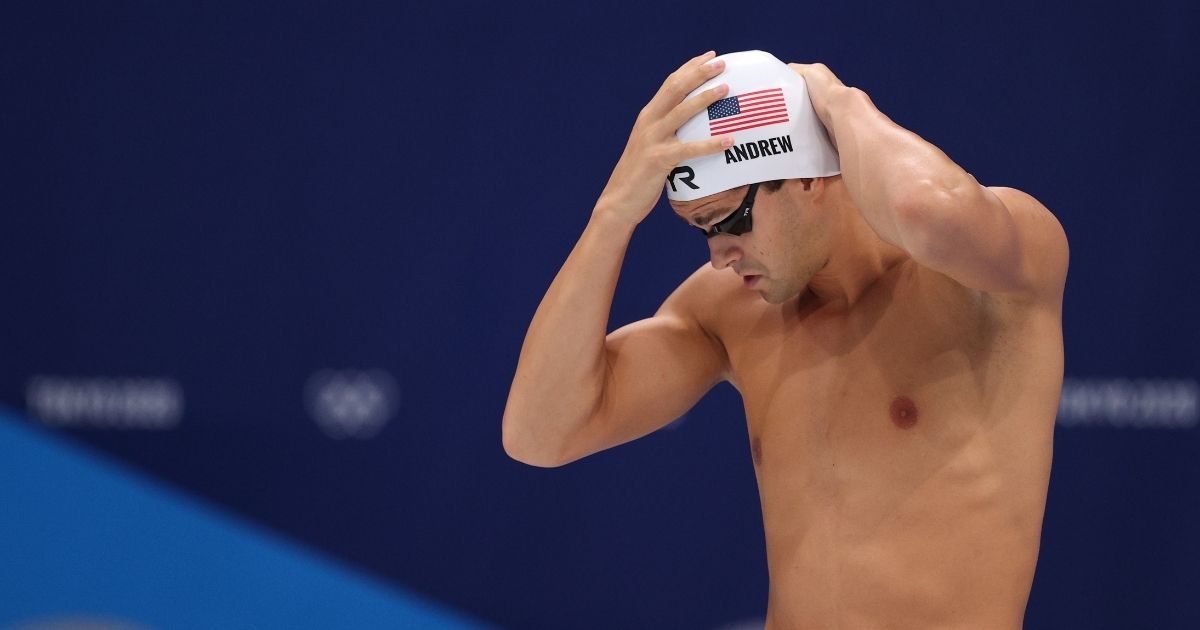 Michael Andrew prepares to compete in the men's 50-meter freestyle at the Tokyo Olympic Games on Friday in Tokyo.