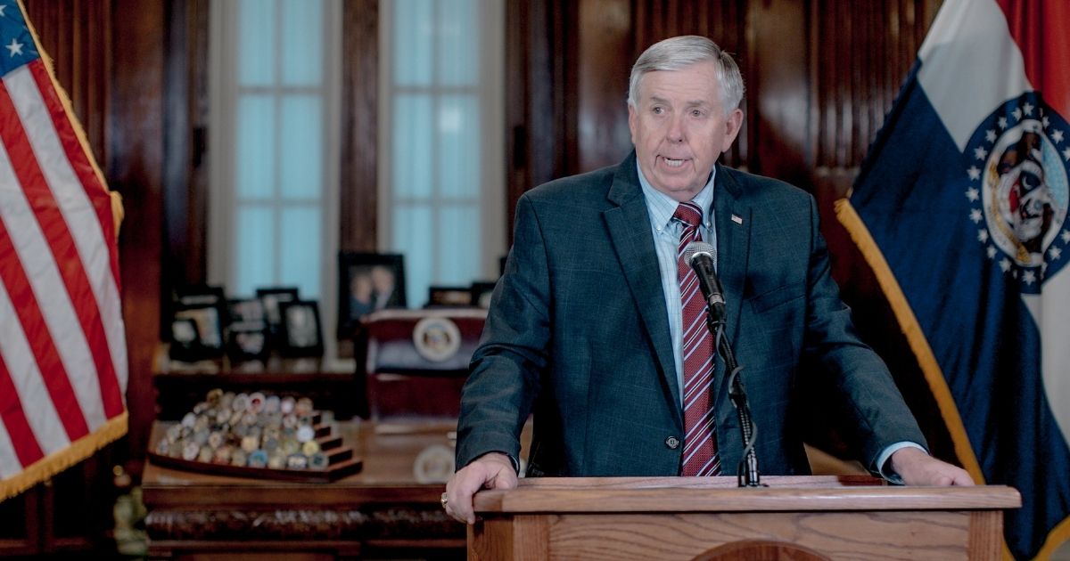 Gov. Mike Parson speaks during a news conference on May 29, 2019, in Jefferson City, Missouri.