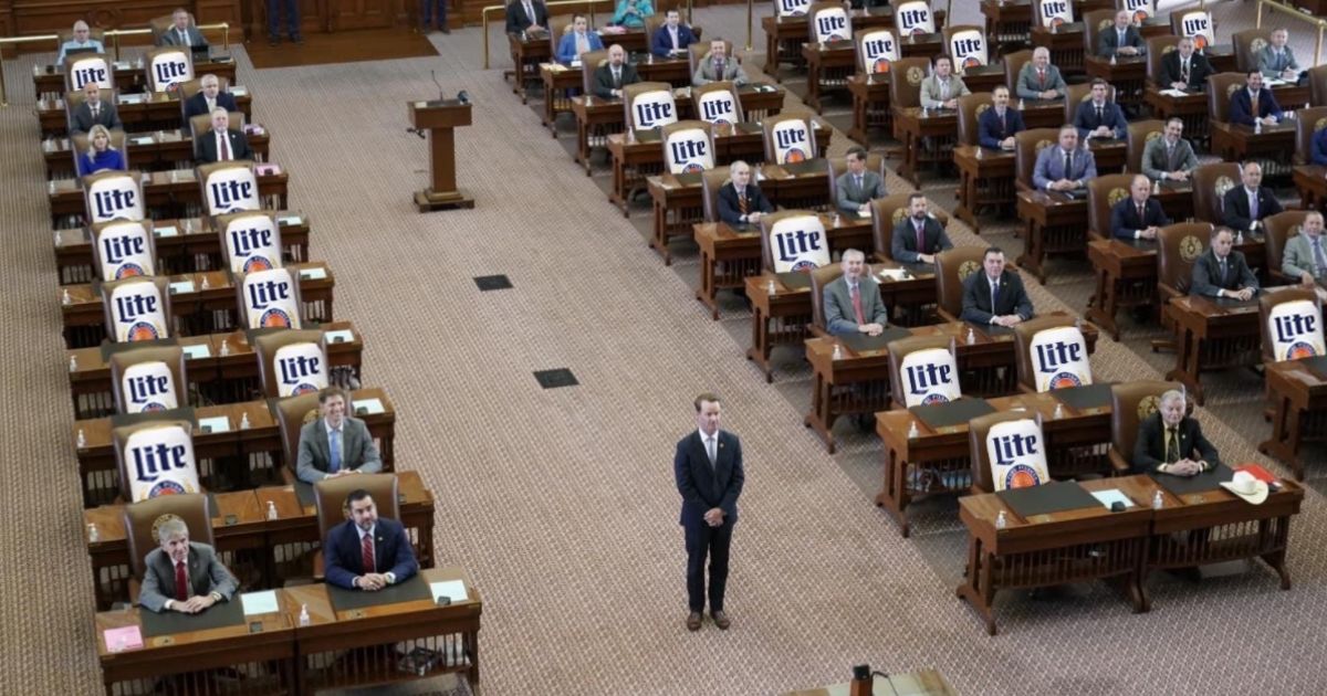 Texas state Rep. Cody Harris, a Republican, posted a meme to Twitter, placing cans of Miller Lite beer in seats typically occupied by state Democrats.