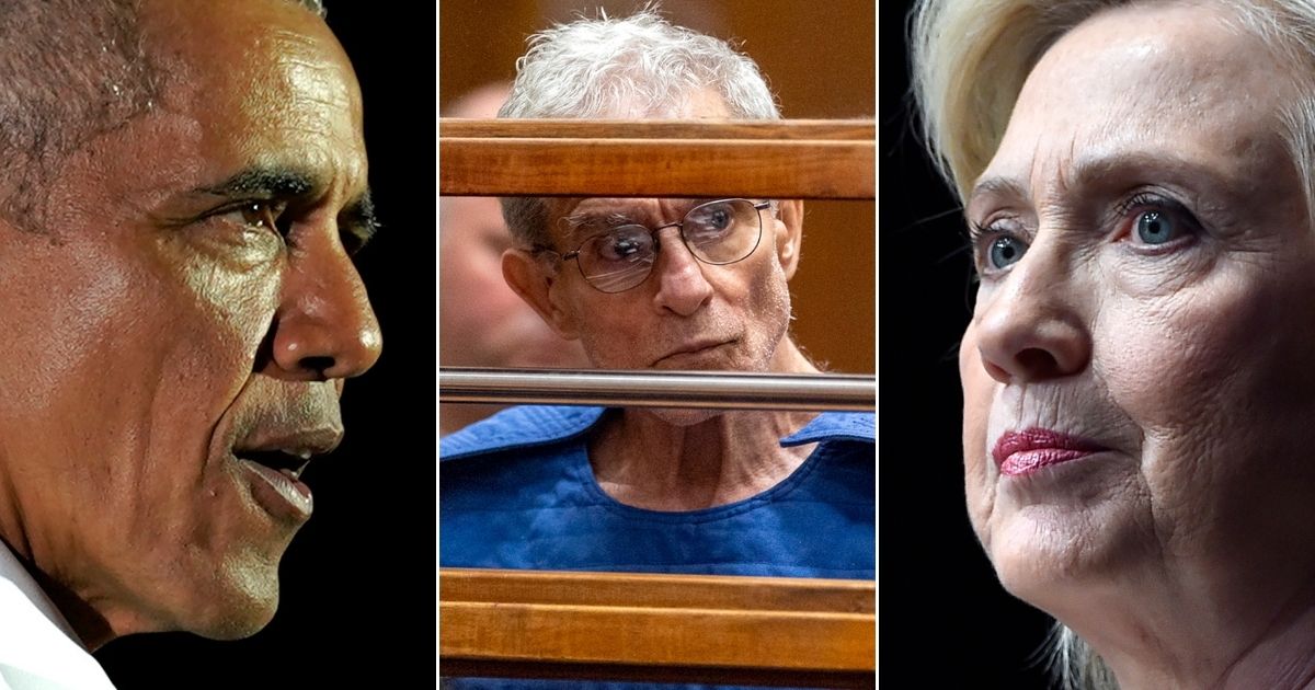 Former President Barack Obama, left, and former presidential candidate Hillary Clinton, right, are among the Democrats who received campaign donations from Ed Buck, center, seen during a Sept. 19, 2019, appearance in Los Angeles Superior Court.