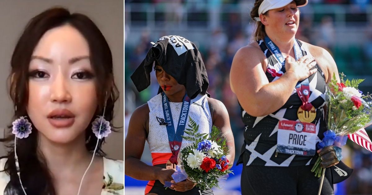 Yeonmi Park, left, a former slave who defected from North Korea in 2007, had strong words on Fox News about Olympic hammer thrower Gwen Berry, seen at right protesting the national anthem next to first-place finisher DeAnna Price on Saturday in Eugene, Oregon.