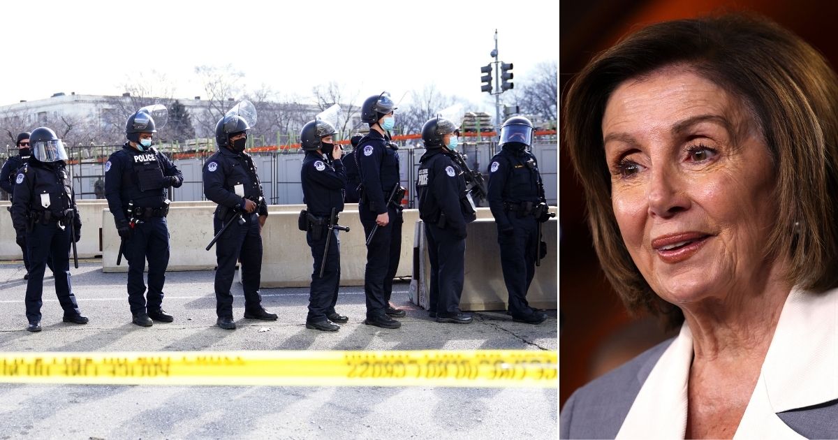 At left, U.S. Capitol Police officers deploy in Washington on Jan. 20 during the inauguration of President Joe Biden. At right, Speaker of the House Nancy Pelosi speaks during a news conference in Washington on June 30.