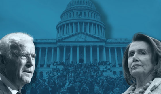 President Joe Biden, left, House Speaker Nancy Pelosi, right, in an illustration with a photo of the Jan. 6 Capitol protest.