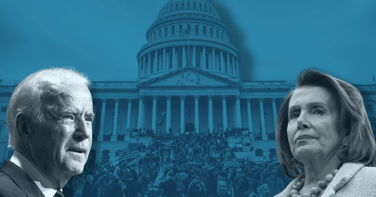 President Joe Biden, left, House Speaker Nancy Pelosi, right, in an illustration with a photo of the Jan. 6 Capitol protest.